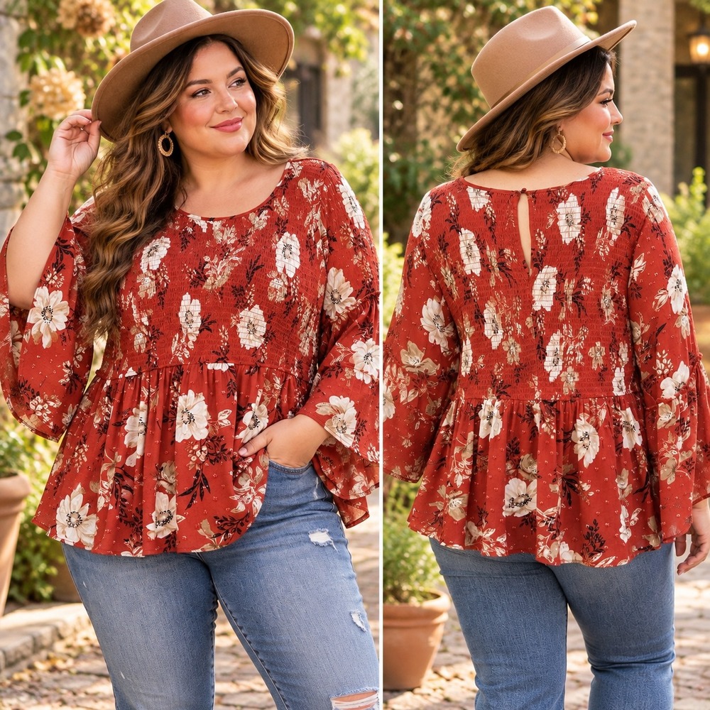 Torrid Swiss Dot Smocked Floral Blouse Women's 4X 26 Rust Trumpet Sleeve Peplum